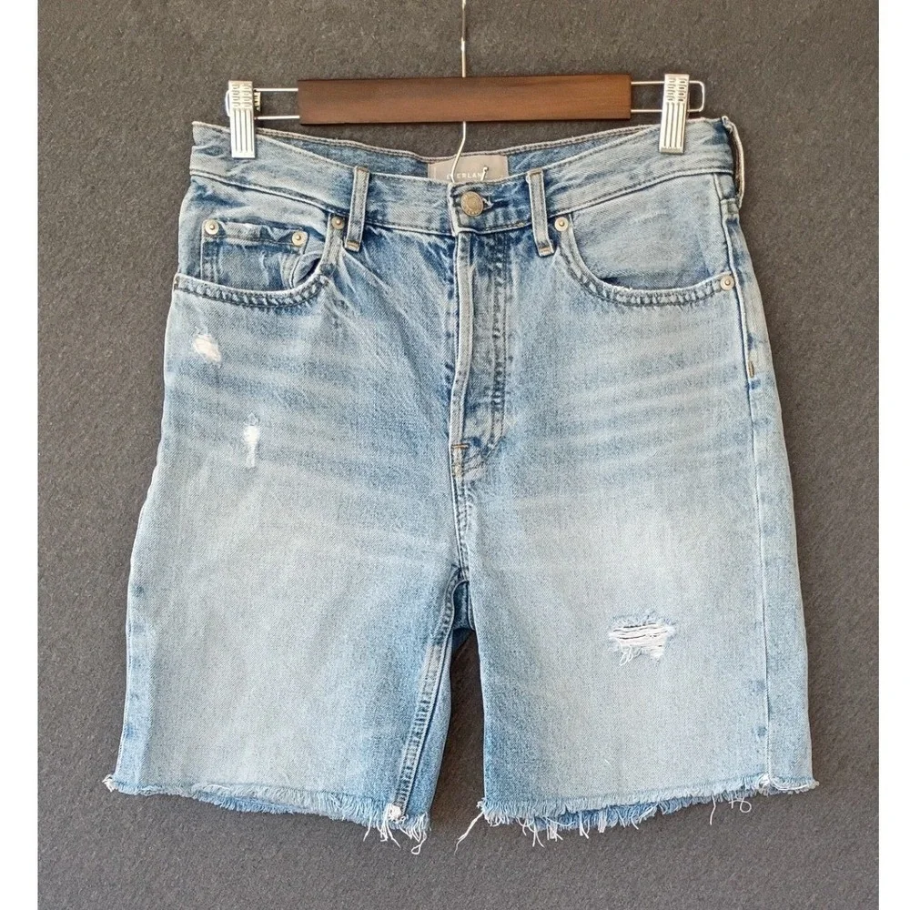 Everlane The Cheeky Long Shorts High Rise Light Wash Raw Hem Button Fly Size 26